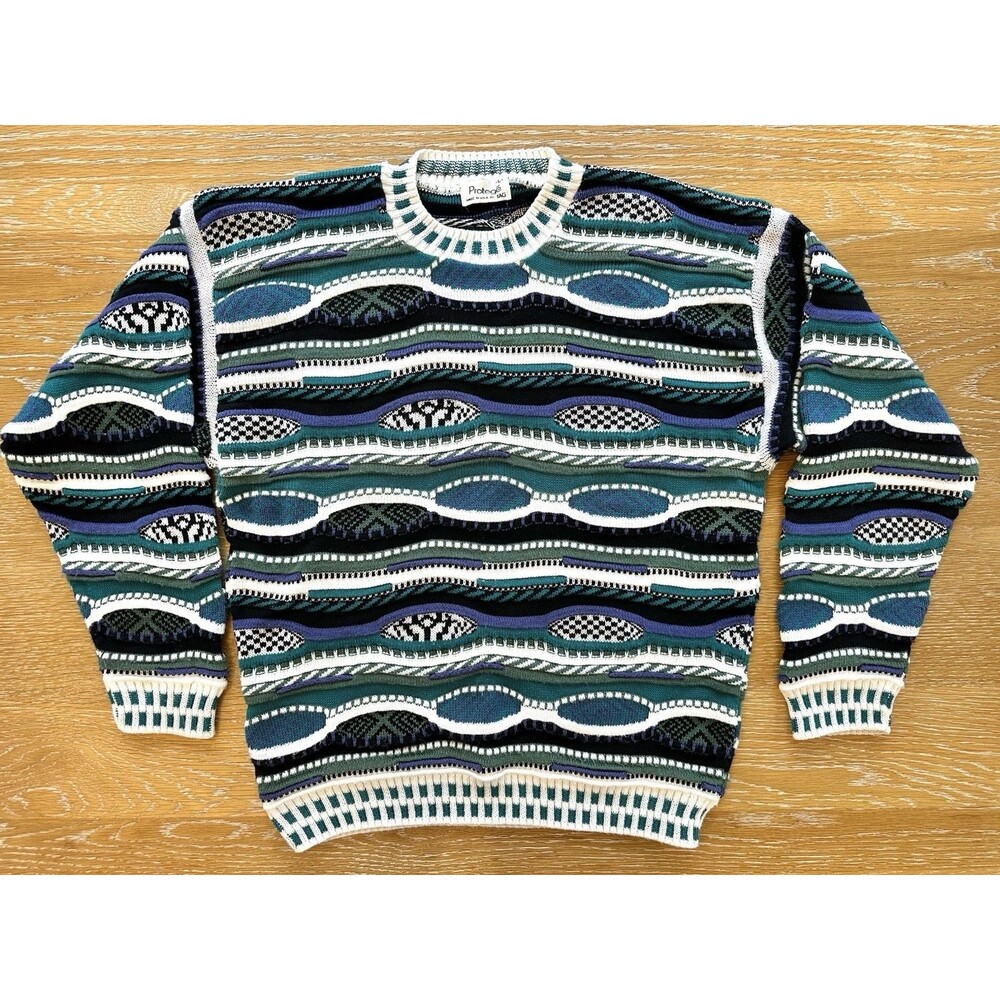 Protege 3D Knit Coogi Style Sweater Blue Green Multi Men’s Large
